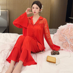 纯欲风高级感纯色家居服夏 性感蕾丝诱惑套装 冰丝睡衣女春秋季 薄款