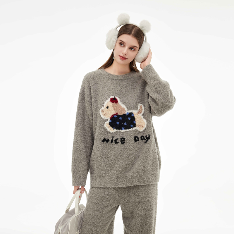 软绵绵半边绒睡衣女秋冬款针织卡通毛衣休闲款加厚保暖家居服套装