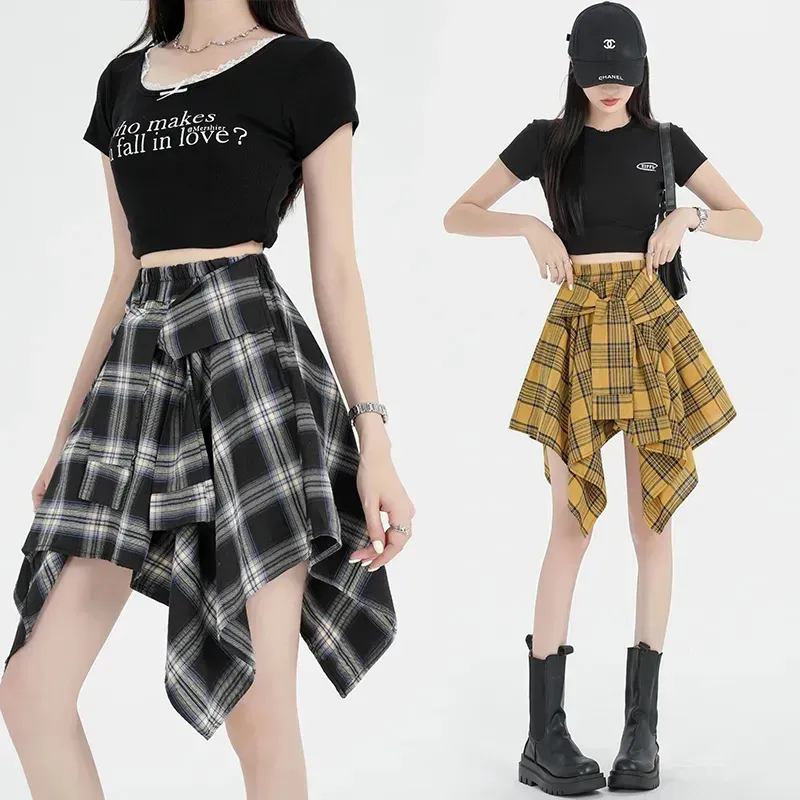 女童半身裙2025新款夏季青少女不规则格子半身裙洋气松紧腰短裙子
