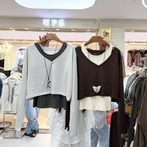 秋季拼色假两件长袖T恤女显瘦