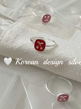 韩国东大门ins风小众设计 S925纯银红色滴胶方形樱桃戒指可爱清新