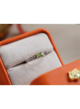 天然橄榄石方形戒指 925银镶嵌时尚几何不规则开口指环食指戒手饰