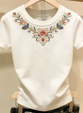 十三行一线大牌！法式独特洋气花朵刺绣短袖百搭设计感白色上衣潮