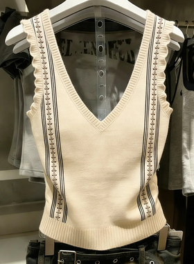 十三行一线大牌！V领外穿针织背心修身短款时尚潮流无袖杏色上衣