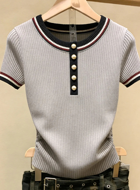 十三行一线大牌！女装短袖打底衫2026春秋新款针织衫圆领灰色上衣