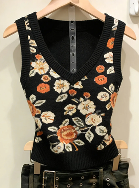 十三行一线大牌！复古撞色花朵针织背心女修身显瘦叠穿V领小上衣