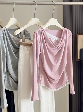 春季新款甜美风蕾丝拼接假两件长袖荡领T恤女一字肩收腰显瘦上衣