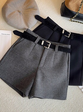 灰色加厚毛呢西装短裤女秋冬2025高腰保暖显瘦宽松a字阔腿靴裤潮