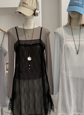 欧玛莱 叠穿蕾丝花边拼接褶皱百搭无袖侧开叉吊带背心上衣女 6926