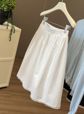 韩版简约波点半身裙女夏季2026新款宽松显瘦百搭镂空花边a字中裙