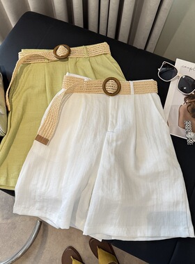 日韩系chic天丝洗水麻棉五分短裤女夏编织腰带百搭休闲a字热中裤
