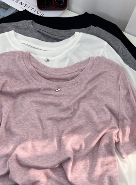 轻薄柔软莱赛尔天丝短袖t恤女夏宽松小个子短款温柔纯色蝴蝶上衣