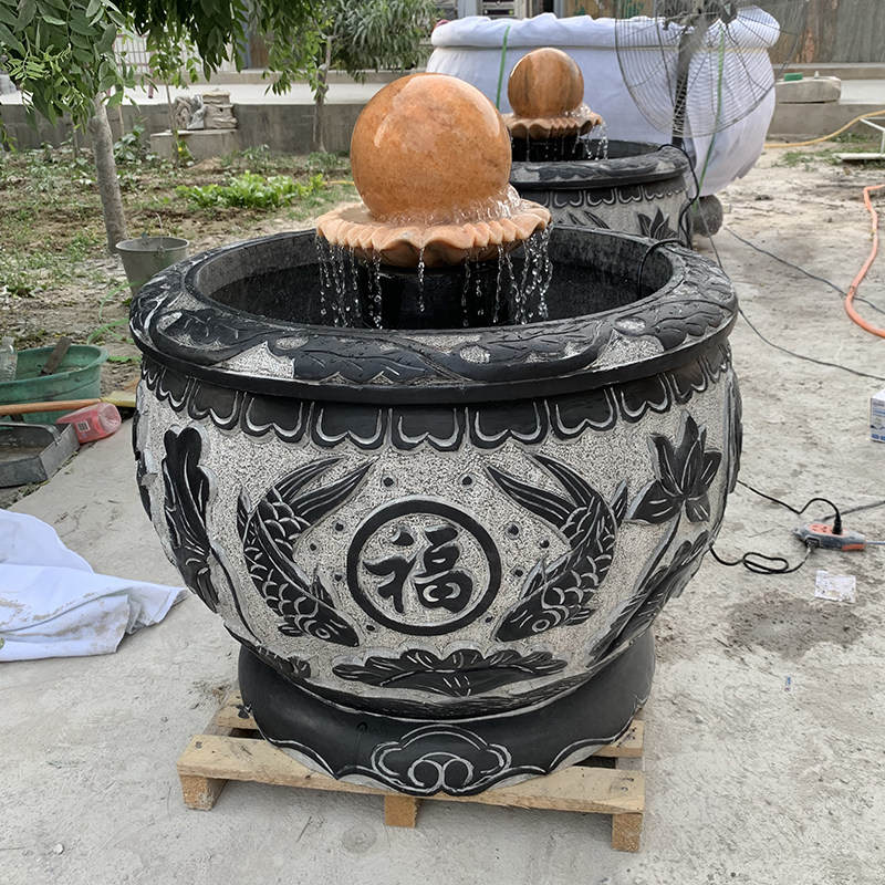 石雕花盆鱼缸青石风水球流水生财石雕