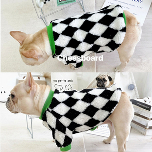 黑白格羊羔毛卫衣外套法斗英斗柴犬柯基胖狗秋冬装雪纳瑞泰迪棉衣