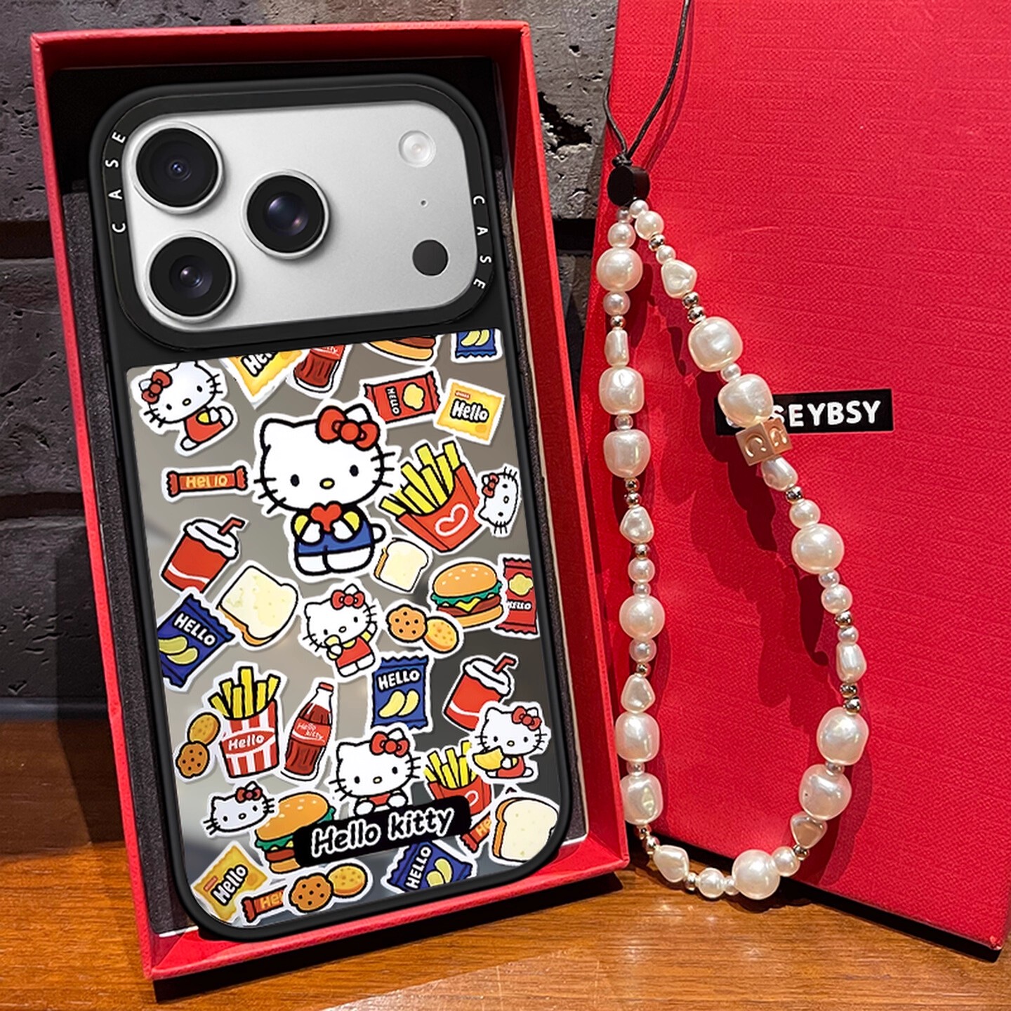 CASE联名凯蒂猫薯条汉堡贴纸适用iphone17pro壳苹果16promax亚克力15pro镜面保护套14/13可爱卡通12男女