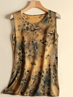 香云纱印花蚕桑丝背心女宽松中长款大码外穿百搭打底无袖上衣夏