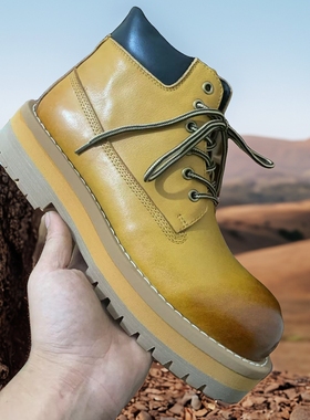 男鞋2025新款真皮美式复古大黄靴男厚底春秋中帮马丁靴男