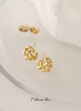 钛钢镀18K金耳环复古镂空桃心耳钉新款爆款爱心编织几何小众耳饰