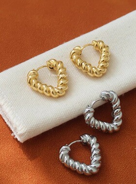 不掉色V型拧麻花耳环hoop欧美耳钉简约法式复古耳圈耳饰冷淡风女
