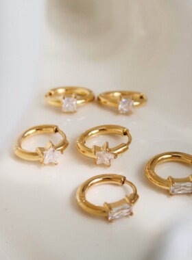 钛钢镀18k金不过敏镶钻耳环星星长方形耳圈hoop耳扣金属百搭耳饰