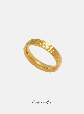 简约男女情侣款水波纹理戒指复古手工锤纹素圈食指环不怕水钛钢潮