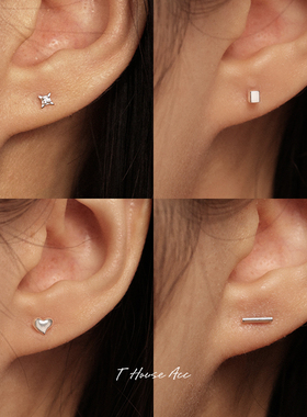 S999纯银迷你方块星星爱心耳钉抗敏睡觉不用摘养耳洞耳蜗耳骨耳饰