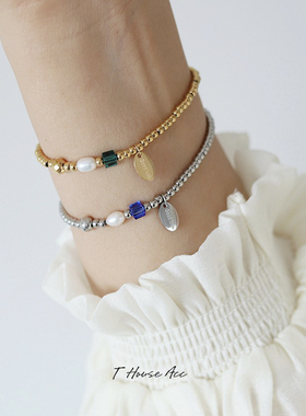 自留款好运goodluck字牌串珠手链天然淡水珍珠复古绿珠弹力手环女