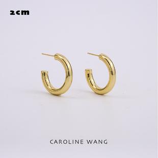 高级感hoop耳圈【925银针·C型粗素圈耳环·2cm】金色直针老钱风