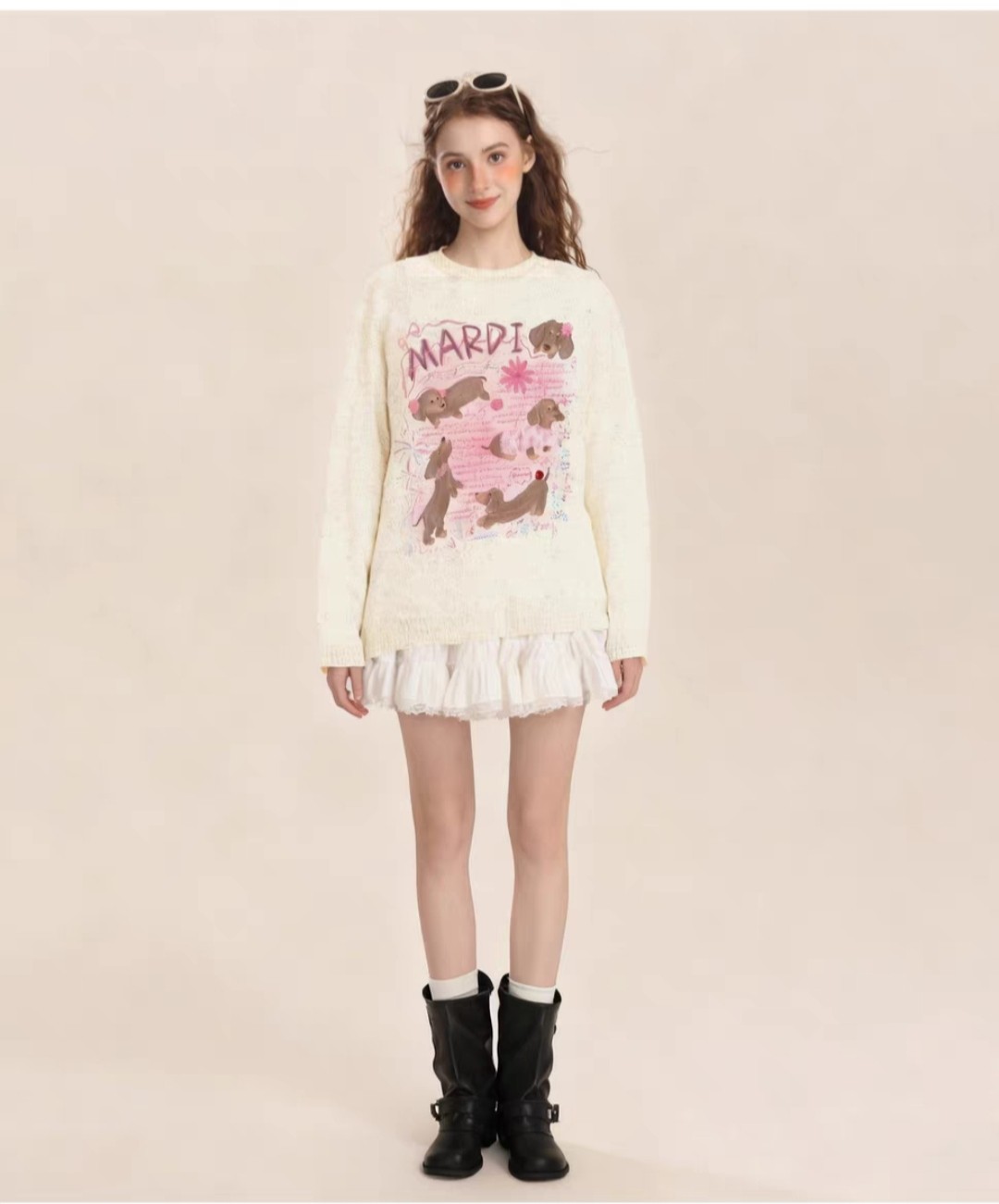 Mardi韩版25秋冬季新款宽松休闲保暖毛衣卡通圆领甜美粉小狗上衣