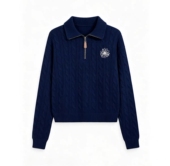 Mardi秋冬新款 拉链麻花针织毛衣韩系经典 雏菊Polo领宽松针织上衣