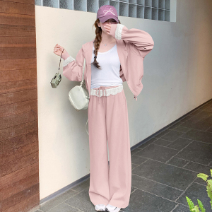 蓝色蕾丝拼接连帽减龄卫衣女2025年春季新款休闲阔腿裤图片