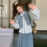 设计感减龄牛仔套装裙女2025年秋季新款马甲条纹衬衫半身裙三件套，女装连衣裙，浙宝288（原255）