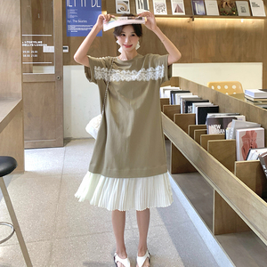 法式气质蕾丝拼接T恤连衣裙女2025夏季新款韩版宽松显瘦撞色长裙