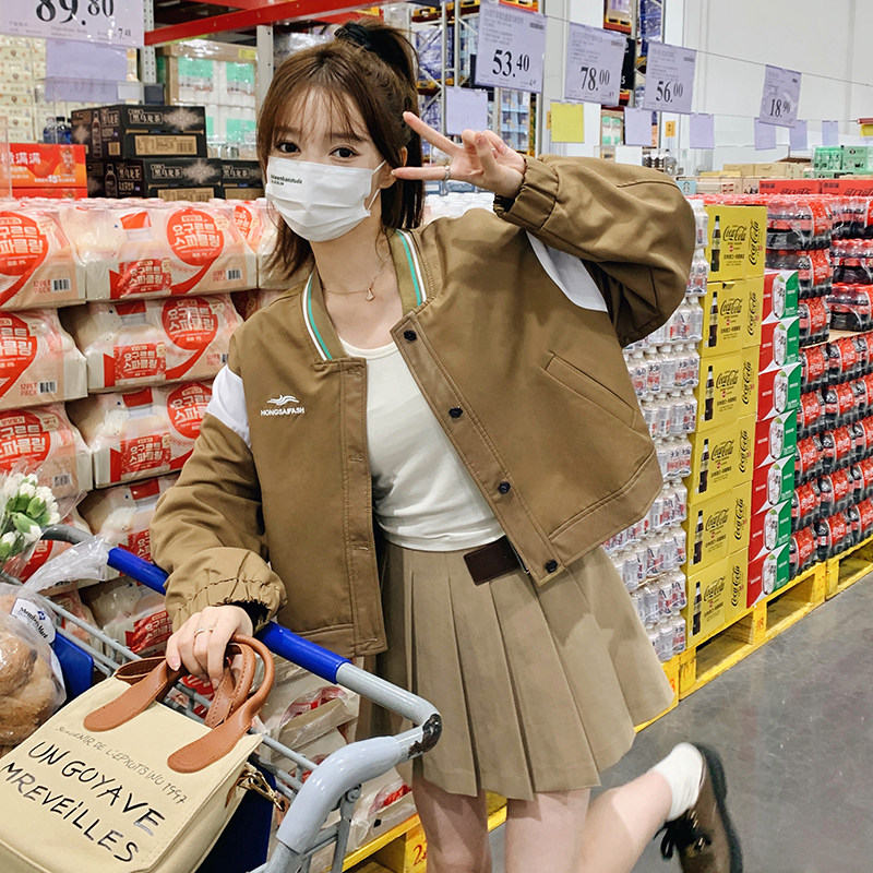 【秋装】咖色复古拼色夹克棒球服255-Q375-P145-K198,女装短外套,浙宝288（原255）