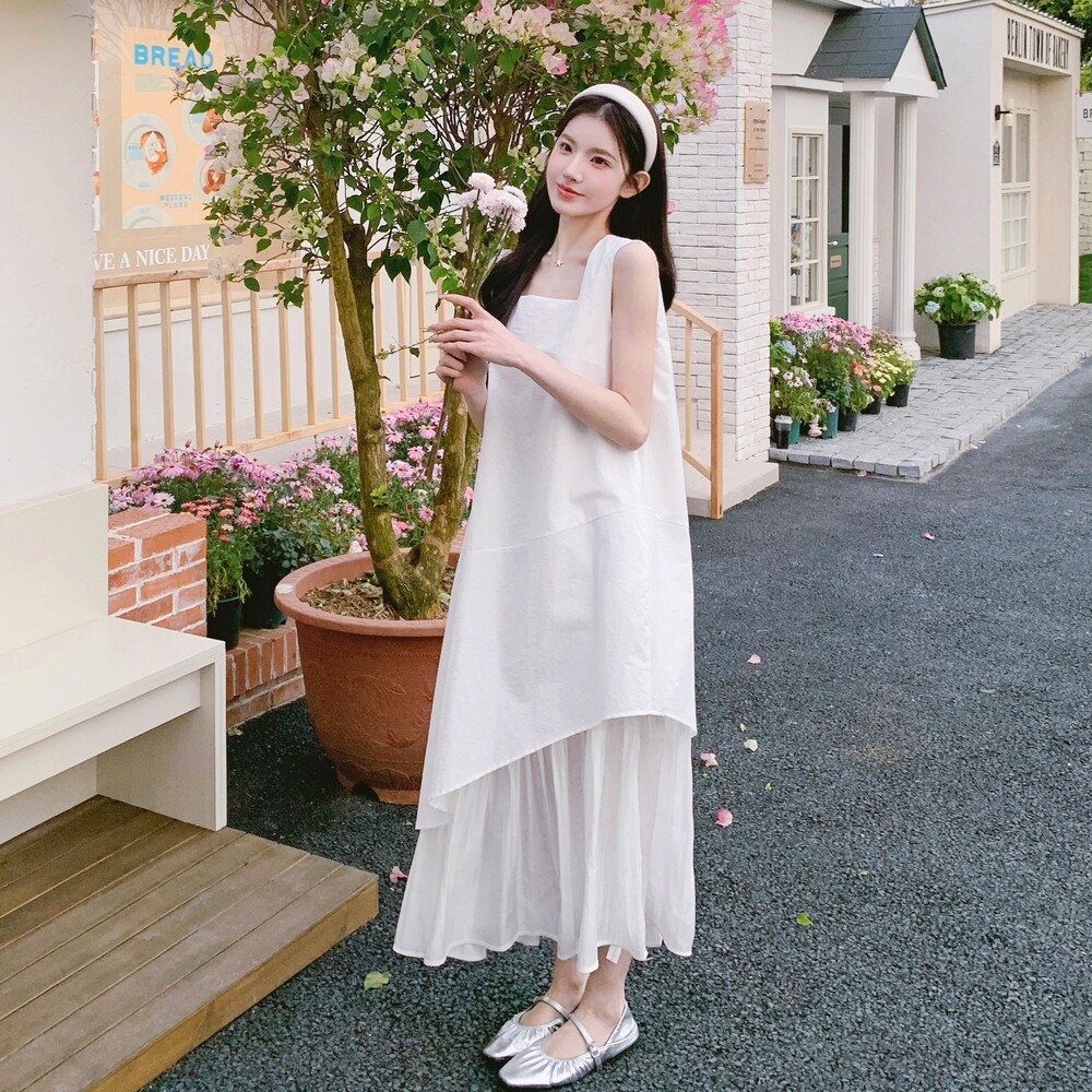 小众设计白色背心连衣裙女夏2025新款宽松雪纺鱼尾长裙假两件套装,女装连衣裙,浙宝288（原255）
