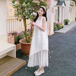 小众设计白色背心连衣裙女夏2025新款宽松雪纺鱼尾长裙假两件套装图片