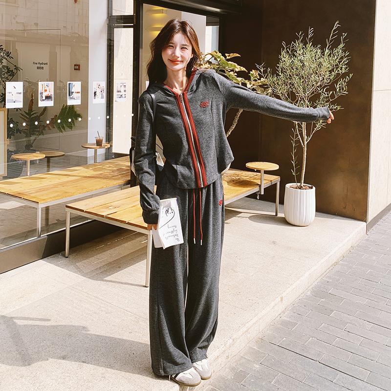 灰色休闲运动套装女秋2025新款韩版连帽开衫卫衣阔腿拖地裤两件套,女装运动套装,浙宝288（原255）