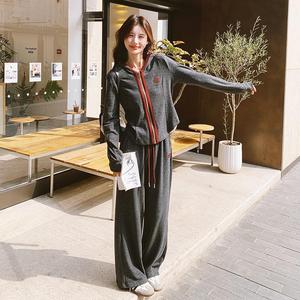 灰色休闲运动套装女秋2025新款韩版连帽开衫卫衣阔腿拖地裤两件套