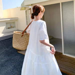 韩系宽松白色泡泡袖甜美桔梗裙女夏新款温柔休闲法式小个子连衣裙图片