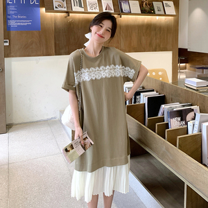 法式气质蕾丝拼接T恤连衣裙女2025夏季新款韩版宽松显瘦撞色长裙