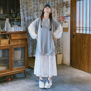 法式蕾丝拼接卫衣连衣裙女2025年春季新款减龄慵懒风假两件长裙潮图片
