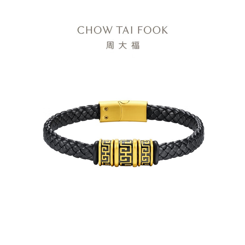 周大福潮酷回纹足金转运珠配黑绳