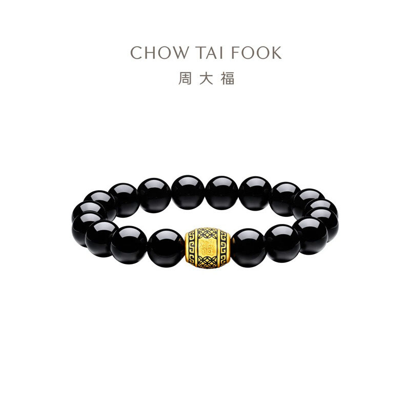 周大福发财桶黑玉髓黄金手链