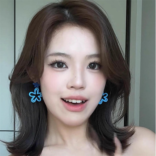 夏日蓝色镂空花朵耳钉925银针独特小清新甜美气质海边度假风耳环