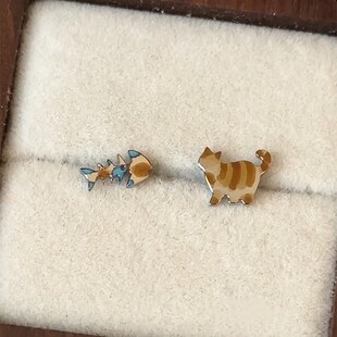 可爱猫和鱼不对称耳钉女个性小众设计高级感创意耳环迷你精致耳饰