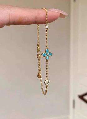 蓝色满钻四叶草手链女气质轻奢