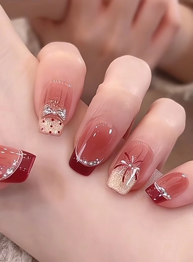 新年车厘子红色渐变法式纯手工穿戴甲短款猫眼蝴蝶闪钻美甲穿戴甲