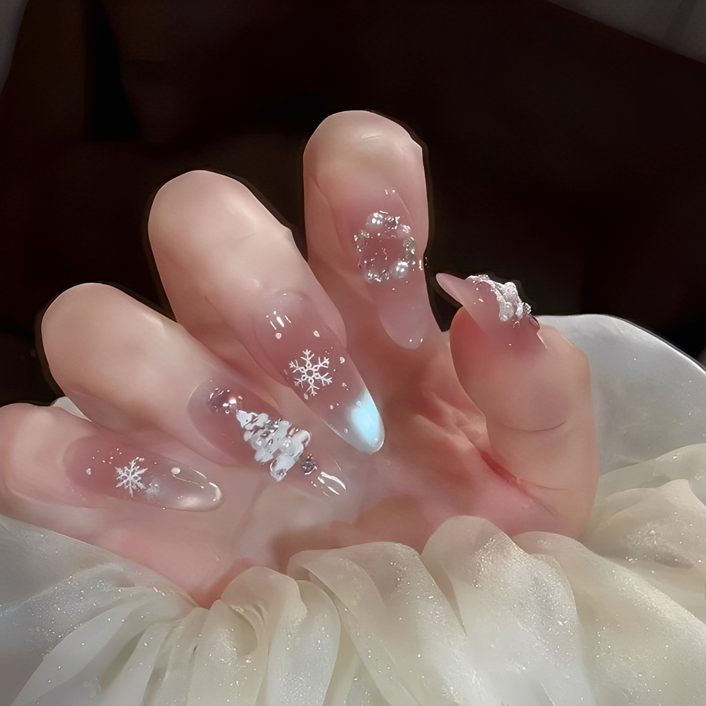 圣诞雪花纯手工穿戴甲高级可拆卸