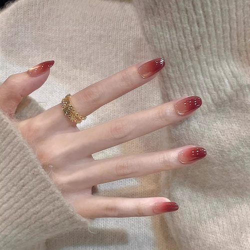 酒红渐变猫眼显白短款婚甲穿戴甲