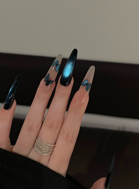 【蓝蝶】蓝色蝴蝶爆闪猫眼显白纯手工穿戴甲长款清冷高级感美甲片